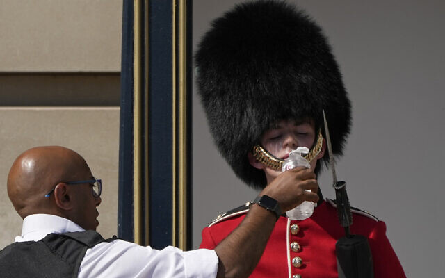 A police officer givers water to a British soldier wearing a traditional bearskin hat, on guard duty outside Buckingham Palace, during hot weather in London, Monday, July 18, 2022. (AP Photo/Matt Dunham)