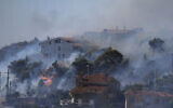 Fire burns next to houses in the area of Drafi east of Athens on July 20, 2022 (AP Photo/Thanassis Stavrakis)