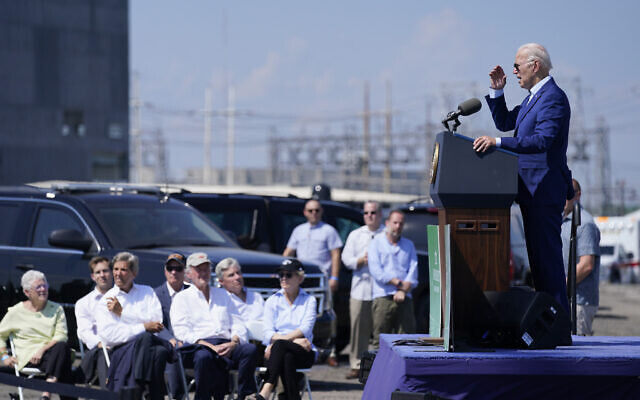 US President Joe Biden speaks about climate change and clean energy at Brayton Power Station, Wednesday, July 20, 2022, in Somerset, Mass. (AP Photo/Evan Vucci)