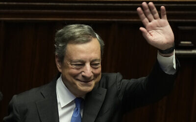 Italian Premier Mario Draghi waves to lawmakers at the end of his address at the Parliament in Rome, July 21, 2022. (AP Photo/Andrew Medichini)