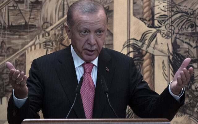 Turkish President Recep Tayyip Erdogan delivers a speech during a signing ceremony at Dolmabahce Palace in Istanbul, Turkey on July 22, 2022.  (AP Photo/Khalil Hamra)