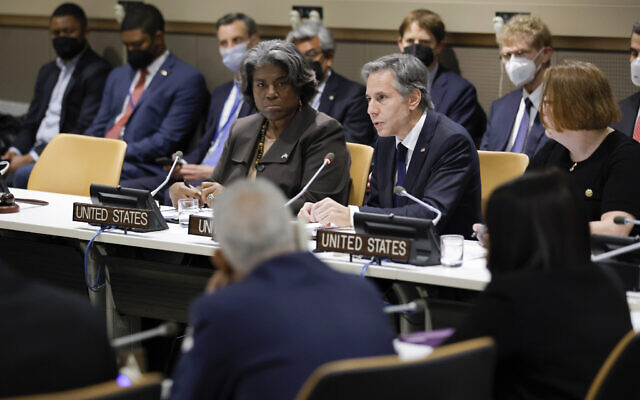Secretary of State Antony Blinken sits with Linda Thomas-Greenfield, United States ambassador to the United Nations, as they meet with African ministers at United Nations headquarters, May 18, 2022. (Eduardo Munoz/Pool Photo via AP, File)