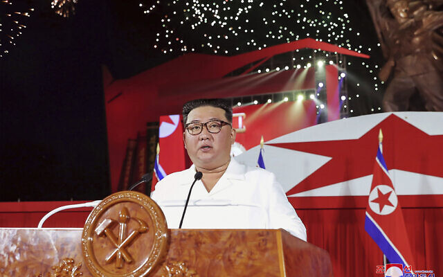 In this photo provided by the North Korean government, North Korean leader Kim Jong Un delivers his speech during a ceremony to mark the 69th anniversary of the signing of the ceasefire armistice that ends the fighting in the Korean War, in Pyongyang, North Korea, July 27, 2022. Independent journalists were not given access to cover the event depicted in this image distributed by the North Korean government. The content of this image is as provided and cannot be independently verified (Korean Central News Agency/Korea News Service via AP)