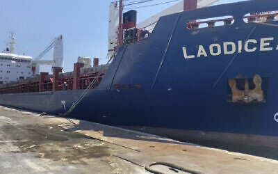 This frame grab from a video provided on Friday, July 29, 2022, shows a Syrian cargo ship Laodicea docked at a seaport, in Tripoli, north Lebanon. (AP Photo)
