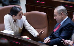 File: Benjamin Netanyahu (right) and Ayelet Shaked in the Knesset (Yonatan Sindel/Flash90)