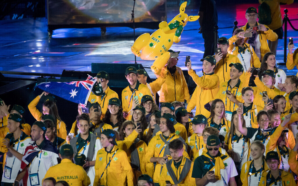 Illustrative: The Australian delegation takes part in the opening ceremony of the 20th Maccabiah Games in Jerusalem, July 6, 2017. (Yonatan Sindel/Flash90)