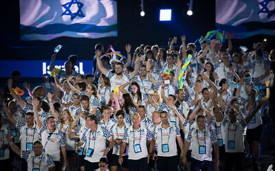 Illustrative: The Israeli Delegation takes part in the opening ceremony of the 20th Maccabiah Games in Jerusalem, July 6, 2017. (Yonatan Sindel/Flash90)