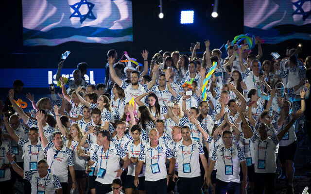 Illustrative: The Israeli Delegation takes part in the opening ceremony of the 20th Maccabiah Games in Jerusalem, July 6, 2017. (Yonatan Sindel/Flash90)