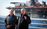 Then-Prime Minister Benjamin Netanyahu and then-Energy Minister Yuval Steinitz visit a Leviathan natural gas field processing rig near Caesarea, on January 31, 2019. (Marc Israel Sellem/Pool)