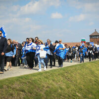 Jewish youth participating in the March of the Living at Auschwitz-Birkenau in Poland on May 2, 2019 (Yossi Zeliger/Flash90)
