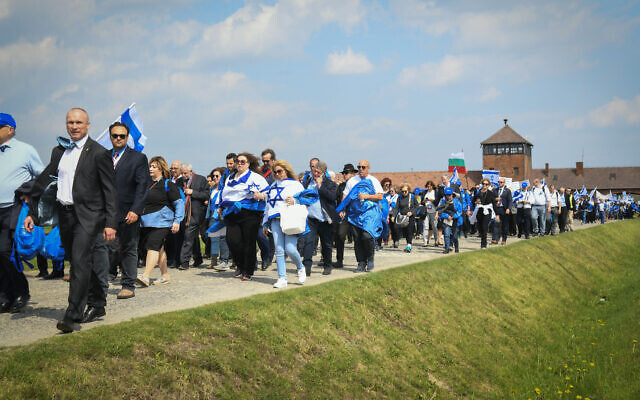 Jewish youth participating in the March of the Living at Auschwitz-Birkenau in Poland on May 2, 2019 (Yossi Zeliger/Flash90)