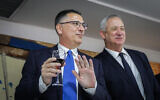 Gideon Sa'ar (left) and Benny Gantz at a Justice Minister ceremony on June 14, 2021. (Olivier Fitoussi/Flash90/File)