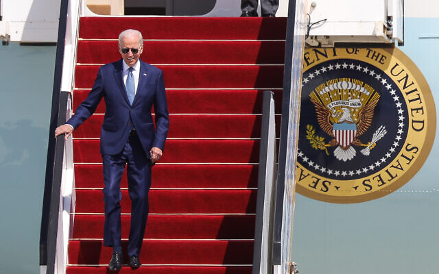 US President Joe Biden arrives at Ben Gurion Airport near Tel Aviv on July 13, 2022. (Noam Revkin Fenton/Flash90)