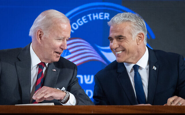 US President Joe Biden holds a joint press conference with Prime Minister Yair Lapid in Jerusalem, on July 14, 2022. (Emil Salman/ Pool)