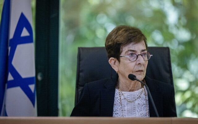 Former Justice Dvora Berliner, head of the state commission of inquiry into the Meron disaster, at a hearing in Jerusalem on July 21, 2022. (Yonatan Sindel/Flash90)