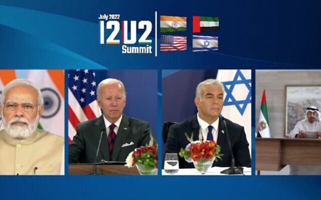 India's Prime Minister Narendra Modi, US President Joe Biden, Prime Minister Yair Lapid and UAE's Mohamed bin Zayed participate in a virtual summit of the I2U2 forum on July 14, 2022. (Screen capture/YouTube)