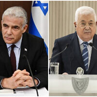 Photo combination: Prime Minister Yair Lapid leads his first weekly cabinet meeting, July 3, 2022 (left); Palestinian Authority President Mahmoud Abbas talks to the media during a press conference in Nicosia, Cyprus, Tuesday, June 14, 2022 (Haim Zach/GPO; Iakovos Hatzistavrou, Pool via AP)