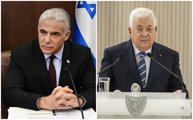 Photo combination: Prime Minister Yair Lapid leads his first weekly cabinet meeting, July 3, 2022 (left); Palestinian Authority President Mahmoud Abbas talks to the media during a press conference in Nicosia, Cyprus, Tuesday, June 14, 2022 (Haim Zach/GPO; Iakovos Hatzistavrou, Pool via AP)