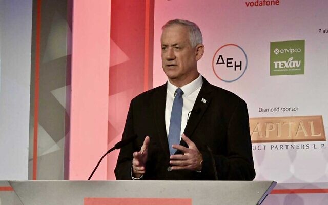 Defense Minister Benny Gantz speaks at the  Economist Government Roundtable conference, Greece, July 5, 2022. (Ariel Hermoni/Defense Ministry)