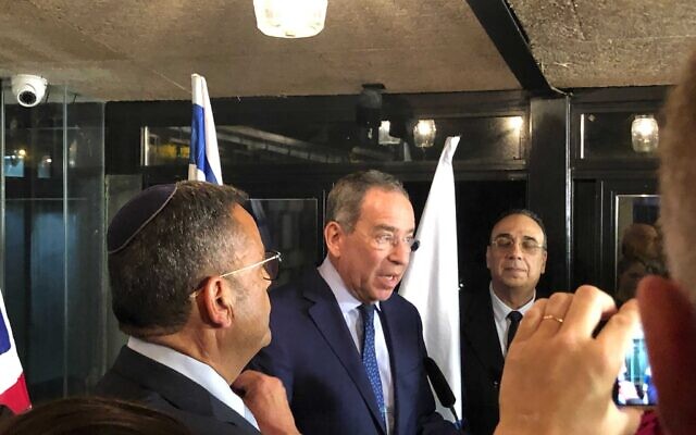 US Ambassador to Israel Tom Nides (center) speaks at a gala for journalists at the Touro Restaurant in Jerusalem, July 12, 2022. (Lazar Berman/Times of Israel)