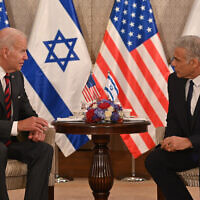 US President Joe Biden and Prime Minister Yair Lapid meet in Jerusalem, July 14, 2022. (Kobi Gideon/GPO)