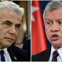 Prime Minister Yair Lapid (left) and Jordan's King Abdullah II (right). (Noam Revkin Fenton/Flash90; Hannibal Hanschke/Pool via AP/ File)