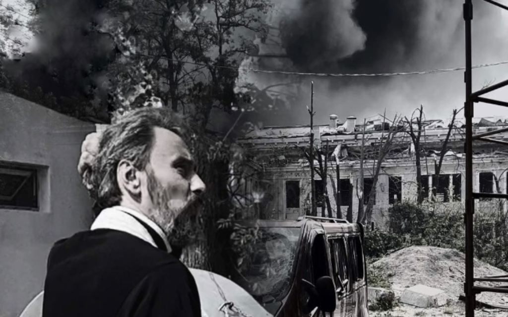 Archpriest Valerii Shvets stands outside of his church moments after a deadly missile strike in Vinnytsia, July 14, 2022 (screenshot/Instagram)