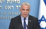 Prime Minister Yair Lapid gives a first televised address to the nation, July 2, 2022 (Channel 12 screenshot)