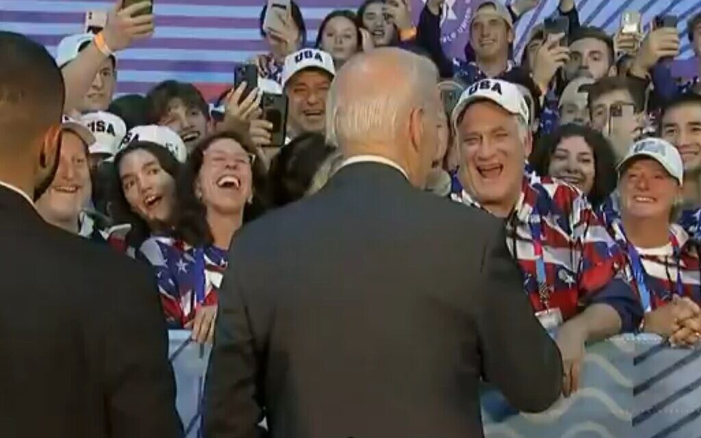 US President Joe Biden speaks off-the-cuff to American delegates at the opening of the Maccabiah Games in Jerusalem, July 14, 2022. (Channel 12 screenshot)