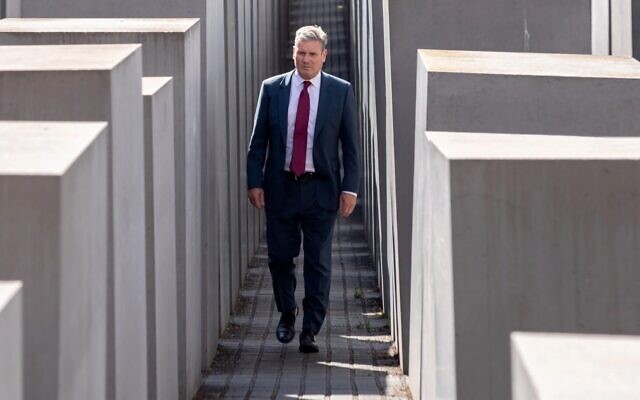 Keir Starmer, the head of Britain’s Labour Party, visits the the Memorial to the Murdered Jews of Europe in Berlin, Germany, July 15, 2022. (Courtesy of Starmer's office via JTA)