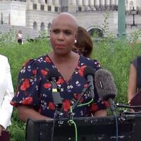 Rep. Ayana Pressley speaks during a press conference on Capitol Hill, calling for the US to open an independent investigation into the killing of Palestinian-American journalist Shireen Abu Akleh, on July 28, 2022. (Screen capture/Facebook)