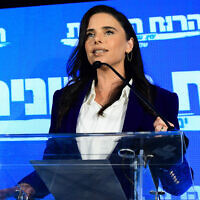 Yamina leader Ayelet Shaked speaks during a press conference with Derech Eretz's Yoaz Hendel to announce their merger into the new Zionist Spirit party, in Ramat Gan, on July 27, 2022. (Avshalom Sassoni/Flash90)