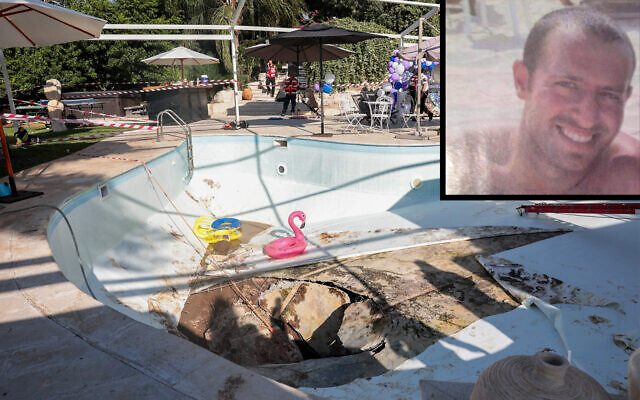 A sinkhole that opened up in a pool at a home in Karmei Yosef. Inset: Klil Kimhi, who was killed in the incident on July 21, 2022. (Yossi Aloni/Flash90; courtesy)