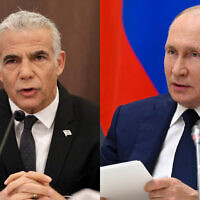Left, Prime Minister Yair Lapid heads a  cabinet meeting at the Prime Minister's Office in Jerusalem, on July 17, 2022. Right, Russian President Vladimir Putin in Moscow, Russia, July 1, 2021. (Abir SULTAN / POOL / AFP; Alexei Nikolsky, Sputnik, Kremlin Pool Photo via AP)