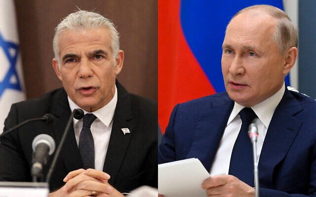 Left, Prime Minister Yair Lapid heads a  cabinet meeting at the Prime Minister's Office in Jerusalem, on July 17, 2022. Right, Russian President Vladimir Putin in Moscow, Russia, July 1, 2021. (Abir SULTAN / POOL / AFP; Alexei Nikolsky, Sputnik, Kremlin Pool Photo via AP)