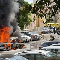 A vehicle burns after an apparent car bombing in Zichron Yaakov on July 6, 2022. (Courtesy)