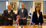 L-R: Public Security Minister Omer Barlev, US Embassy Deputy Chief of Mission Jonathan Shrier, and Interior Minister Ayelet Shaked at the signing of the Preventing and Combating Serious Crime information-sharing agreement, July 7, 2022 (US Embassy in Israel)