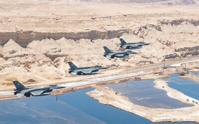 Hellenic Air Force F-16 jets are seen flying in formation over the Dead Sea in southern Israel, July 12, 2022. (Israel Defense Forces)
