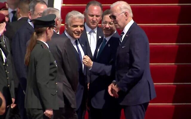 President Joe Biden bids farewell to Prime Minister Yair Lapid, President Isaac Herzog, US Ambassador to Israel Tom Nides and Israeli Ambassador to the US Mike Herzog after a three-day visit to Israel, at Ben Gurion Airport on July 15, 2022, as he leaves for Jeddah, Saudi Arabia (GPO screenshot)