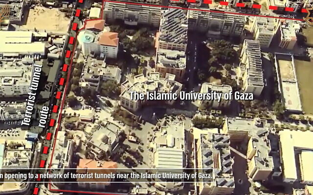 This illustration published by the military on July 27, 2022, shows a red line where a Hamas tunnel allegedly is, next to the Islamic University of Gaza. (Israel Defense Forces)