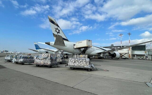 A shipment of protective equipment for Ukraine is loaded onto a flight from Israel, July 14, 2022. (Defense Ministry)