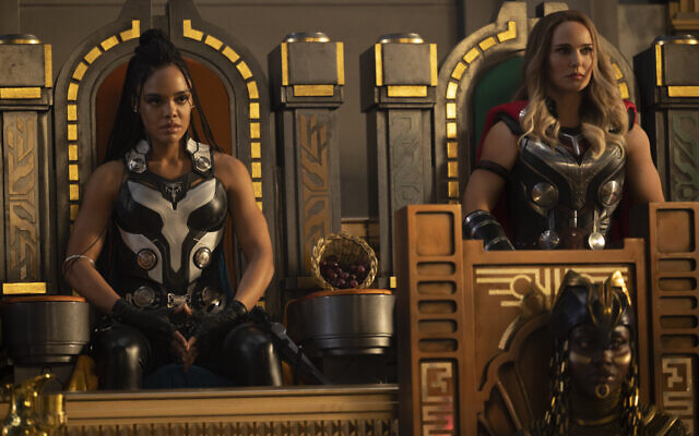 Tessa Thompson and Natalie Portman in ‘Thor: Love and Thunder.’ (Courtesy Walt Disney Studios Motion Pictures)