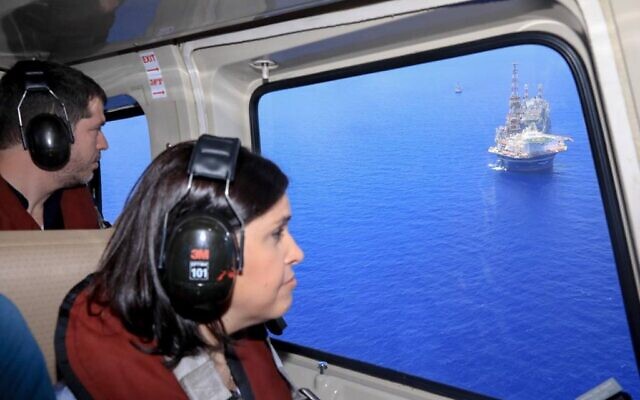 Energy Minister Karine Elharrar visits the Karish gas field off the coast of Israel on July 5, 2022. (Micha Banano/GPO)
