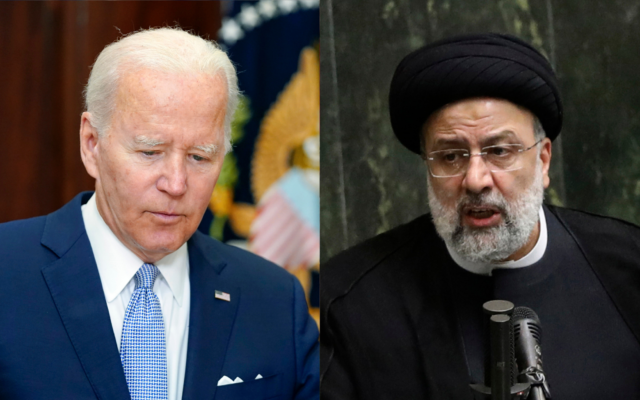 US President Joe Biden, left, in the Roosevelt Room of the White House in Washington on June 25, 2022; Iranian President Ebrahim Raisi, right, in a session of parliament in Tehran on August 25, 2021. (AP Photo/Pablo Martinez Monsivais, File); (AP Photo/Vahid Salemi, File)