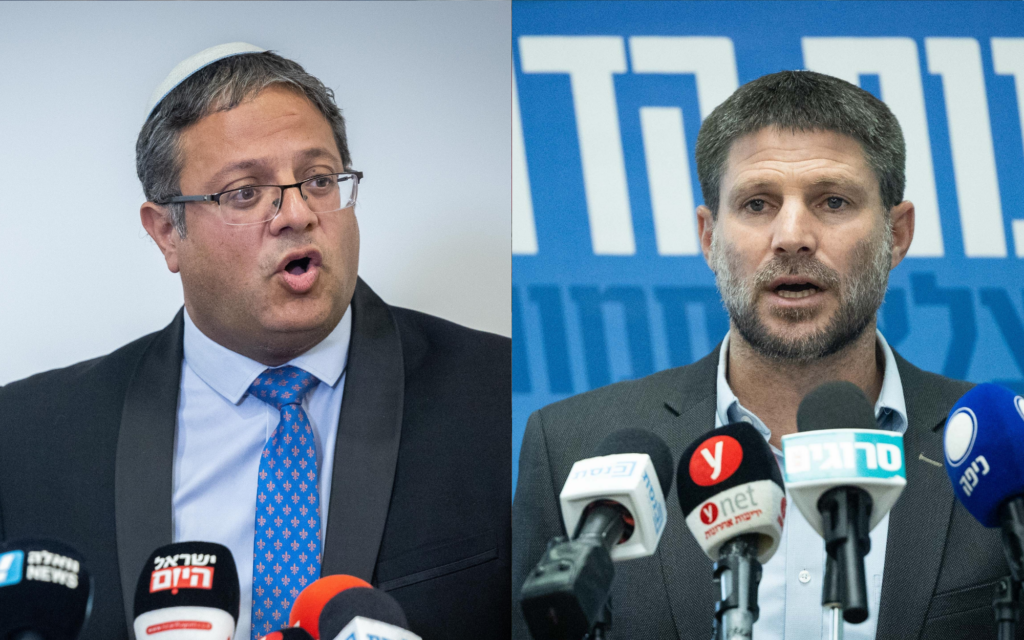 MK Itamar Ben Gvir, left, speaks during a press conference ahead of the upcoming elections, in Jerusalem, July 11, 2022; MK Bezalel Smotrich, right, leads a faction meeting at the Knesset, June 6, 2022. (Yonatan Sindel/Flash90)