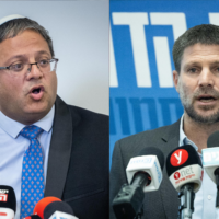MK Itamar Ben Gvir, left, speaks during a press conference ahead of the upcoming elections, in Jerusalem, July 11, 2022; MK Bezalel Smotrich, right, leads a faction meeting at the Knesset, June 6, 2022. (Yonatan Sindel/Flash90)