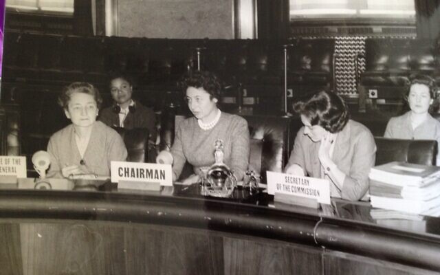 Tamar Eshel chairing a UN committee on women's rights, Geneva, 1961 (Family photo, via Wikipedia)