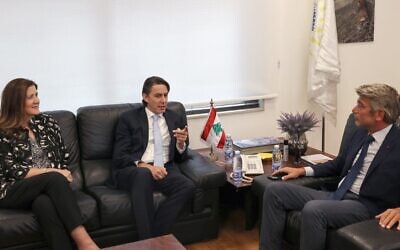 Lebanon's caretaker Energy Minister Walid Fayad (R) meets with US Senior Advisor for Energy Security Amos Hochstein (C) in the presence of US ambassador Dorothy Shea, in Beirut on July 31, 2022. (Anwar AMRO / AFP)