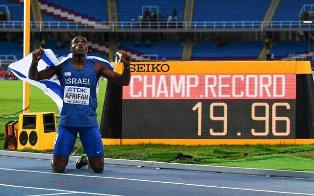 Israel's Blessing Afrifah celebrates after winning the Men's 200m during the World Athletics Under-20 Championship, in Cali, Colombia on August 4, 2022. (Joaquin Sarmiento/AFP)