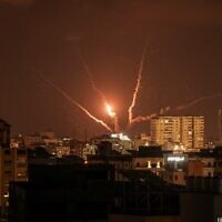 A picture taken on August 5, 2022, shows Palestinian rockets fired from in Gaza City in retaliation to earlier Israeli airstrikes. (MAHMUD HAMS / AFP)